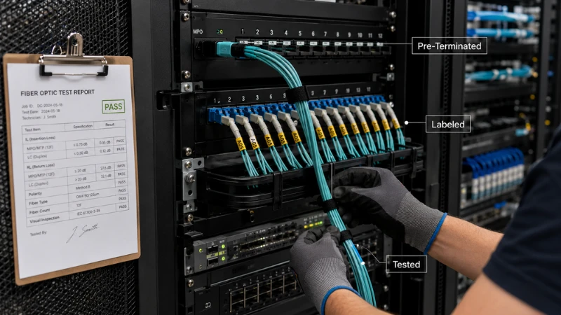 Pre terminated fiber optic cable assembly installed in a data center cabinet Pre terminated fiber optic cable assembly installed in a data center cabinet