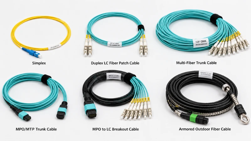 Main types of custom fiber optic cable assemblies including duplex MPO breakout and armored cable Main types of custom fiber optic cable assemblies including duplex MPO breakout and armored cable