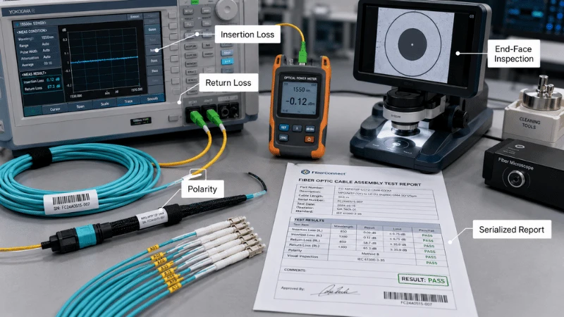 Fiber optic cable assembly testing with inspection microscope test report and polarity verification Fiber optic cable assembly testing with inspection microscope test report and polarity verification